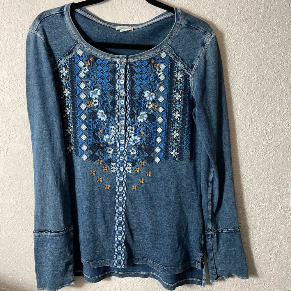 Sundance Embroidered Long Sleeve Henley Neckline Shirt Sz Small